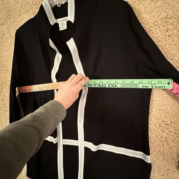 Misook Black Azure Blue Butter Yellow Trim Open Front Long Jacket M Quiet Luxury - Picture 16 of 16